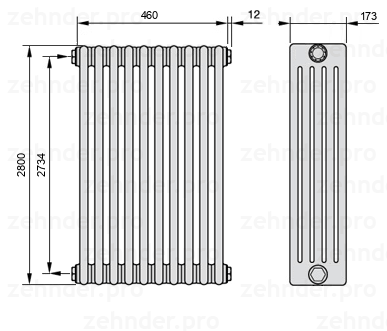 Схема (чертеж) Радиатор Zehnder Charleston 5280/10 №1270 Белый глянцевый RAL 9016